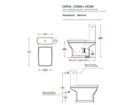 Artceram Civitas Унитаз моноблок 36x54 см, слив универсальный, цвет: белый, фурнитура золото. HEA010 73, CIC009 01 00, CIV004 01 00 Artceram Civitas Унитаз моноблок 36x54 см, слив универсальный, цвет: белый, фурнитура золото. HEA010 73, CIC009 01 00, CIV004 01 00