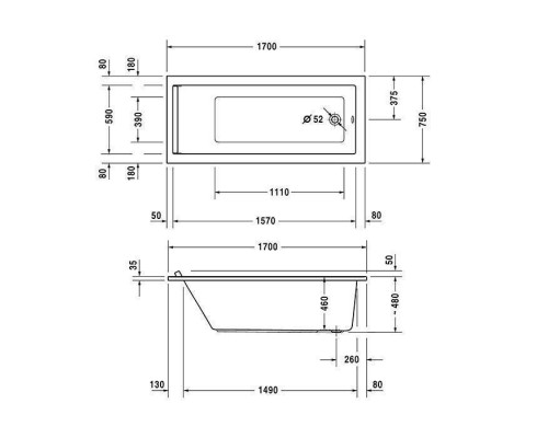 Duravit Starck Ванна 170x75х48см., встраиваемая, акрил, цвет: белый. 700335000000000