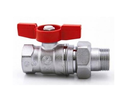 Кран шаровой полнопроходной DADO с отводом 3/4x3/4 Н-В компактная модель, резьба внутренняя/наружная, никелированный, ручка-бабочка красная