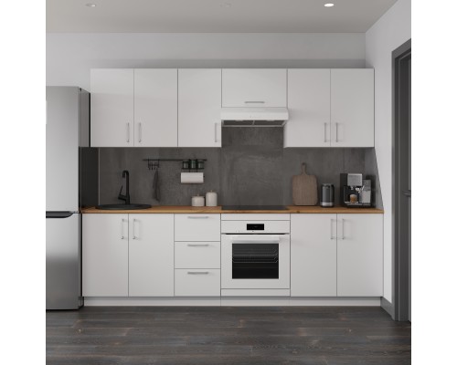 Кухонный гарнитур Domaci Болонья 260 см, фасад белый, ручка хром, столешница дуб вотан KUH-1008807