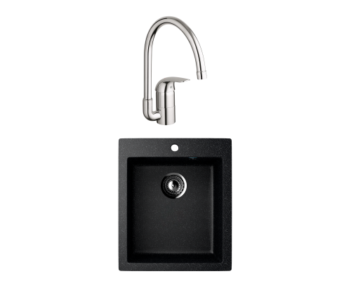 Комплект Мойка Ulgran U-404 -308 черная, встраиваемая, российская, матовая, квадратная + Смеситель Grohe Euroeco