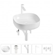 Накладная раковина для ванной комнаты Wellsee Belle Spa 3.0 20212704R в наборе 5 в 1: раковина белый глянец, донный клапан, сифон, смеситель, вентили (цвет набора матовый белый)