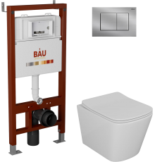 Комплект Унитаз подвесной Bauedge Bau Stil безободковый, с микролифтом + Инсталляция Bau Pro + Кнопка Stil, сатин