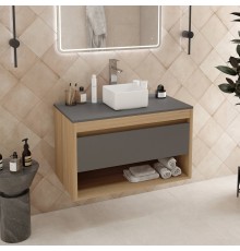 Тумба с раковиной Teymi Ritta 85, дуб эврика, матовый графит, раковина Helmi Mini 24