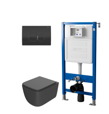 Комплект Унитаз подвесной Point Меркурий PN41831GM серый матовый, безободковый, с микролифтом + Система инсталляции для унитазов Point PN45122 с контейнером для гигиенических таблеток+ Кнопка смыва Point Виктория PN44061BC черная, хром