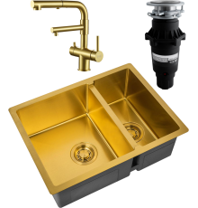 Комплект Мойка кухонная Zorg Light ZL R 580-2-440 BRONZE бронза + Смеситель Sanitary SZR-3216 Bronze бронза + Измельчитель Bone Crusher BC 810-SL Slim Line