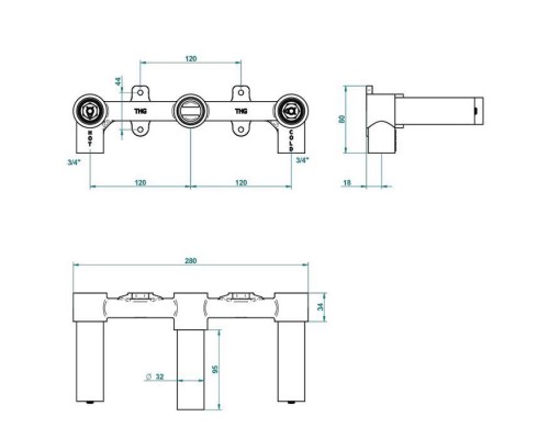 THG Встраиваемая часть смесителя настенного на 3 отверстия на пластине (рукоят.) lever handle version. G00-A00-40AM