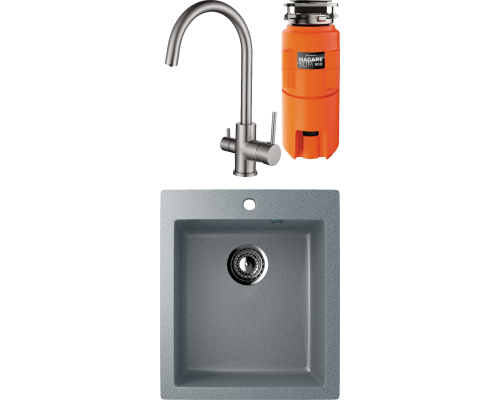 Комплект Мойка Ulgran U-404 -309 темно-серая + Смеситель Kaiser Merkur 26744-5 серебро + Измельчитель Omoikiri Nagare slim 900