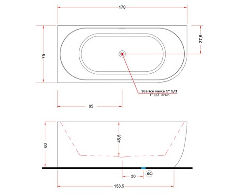 Gruppo Treesse Cora Ванна пристенная 170x75см, SX, акриловая, цвет: белый матовый. V057BOSX
