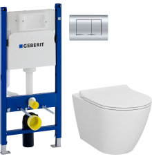 Комплект Унитаз подвесной VitrA Sanibelle 7551B003-0075 безободковый + Крышка 801-003-019 с микролифтом + Инсталляция Geberit Duofix Delta 458.163.21.1 с кнопкой смыва, хром