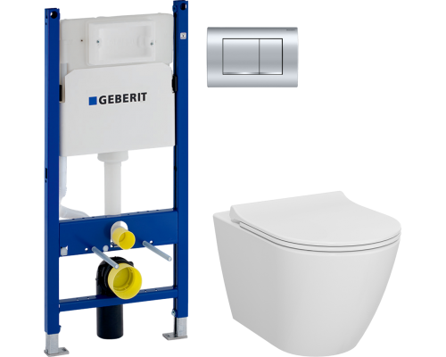 Комплект Унитаз подвесной VitrA Sanibelle 7551B003-0075 безободковый + Крышка 801-003-019 с микролифтом + Инсталляция Geberit Duofix Delta 458.163.21.1 с кнопкой смыва, хром