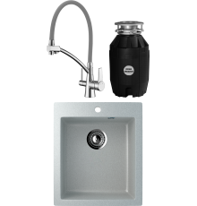 Комплект Мойка кухонная Ulgran U-404 -310 серая + Смеситель Lemark Comfort LM3071C-Gray с гибким изливом, хром, серый + Измельчитель Bone Crusher BC 810-AS
