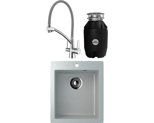 Комплект Мойка кухонная Ulgran U-404 -310 серая + Смеситель Lemark Comfort LM3071C-Gray с гибким изливом, хром, серый + Измельчитель Bone Crusher BC 810-AS