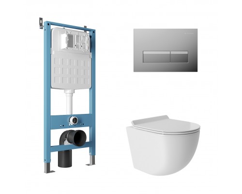 Комплект Aqueduto AQDS196Т Унитаз подвесной Ovo безободковый, с микролифтом, смыв Tornado + Система инсталляции для унитазов Tecnica Novo + Кнопка смыва Retangulo Novo хром