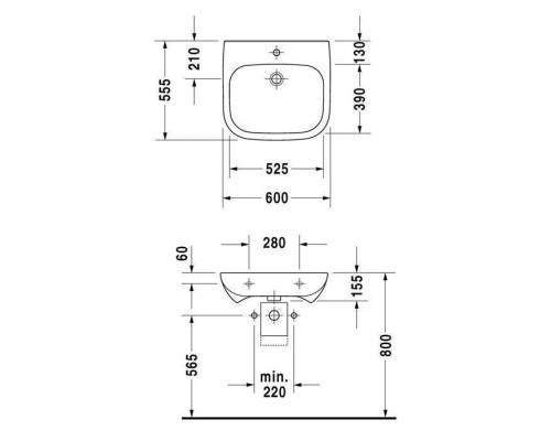 Duravit D-Code Раковина 60х55см., 1 отв., медицинская, без перелива, цвет: белый. 23136000002 Duravit D-Code Раковина 60х55см., 1 отв., медицинская, без перелива, цвет: белый. 23136000002