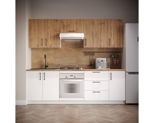 Кухонный гарнитур Domaci Болонья 240 см, фасад белый, дуб вотан, ручка черная, столешница дуб вотан KUH-1000008