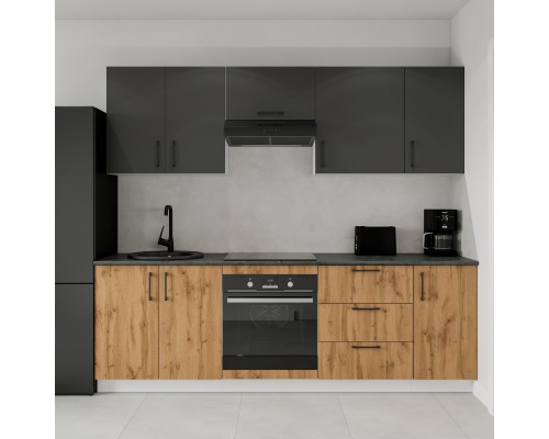 Кухонный гарнитур Domaci Болонья 240 см, фасад дуб вотан, графит, ручка черная, столешница луна KUH-1000010