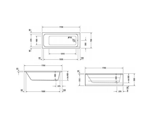 Duravit D-Code Ванна акриловая 170х70см., встраиваемая, с 1 наклоном для спины, выпуск в зоне ног, цвет: белый. 700098000000000 ,  790127000000000
