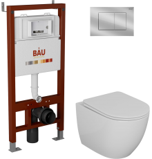 Комплект Унитаз подвесной Bauedge Bau Dream безободковый, с микролифтом + Инсталляция Bau Pro + Кнопка Stil, хром