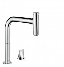 Hansgrohe Metris Select M71 Смеситель для кухни, на 2 отв, поворотный излив: 22.1см с вытяжным душем, 1jet, h:20.8см, sBox, кнопка вкл/выкл, цвет: хром. 73804000