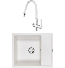 Комплект Мойка кухонная Paulmark Flugen 50-600 PM216050-WH белая + Смеситель ESKO Coral CL 03 W хром, белый, с гибким изливом