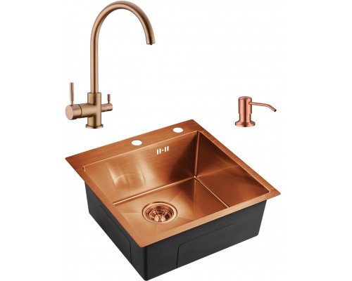 Комплект  Мойка кухонная Domaci Равенна PVD DMB-117A медь, 50х50 см, квадратная, встраиваемая, российская + Дозатор для кухонной мойки Domaci Равенна