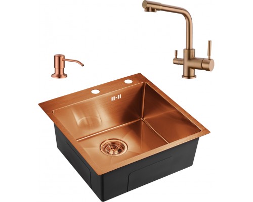 Комплект  Мойка кухонная Domaci Равенна PVD DMB-117A медь, 50х50 см, квадратная, встраиваемая, российская + Дозатор для кухонной мойки Domaci Равенна