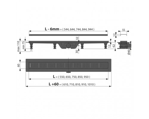 Водоотводящий желоб с порогами AlcaPlast 750 мм для перфорированной решетки, черный-мат (APZ10BLACK-750M)