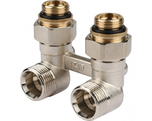 Пара шаровых кранов REHAU RAUTITAN с соед. нип. G 1/2xG 3/4, угловой (никелирован.) (12407371001)