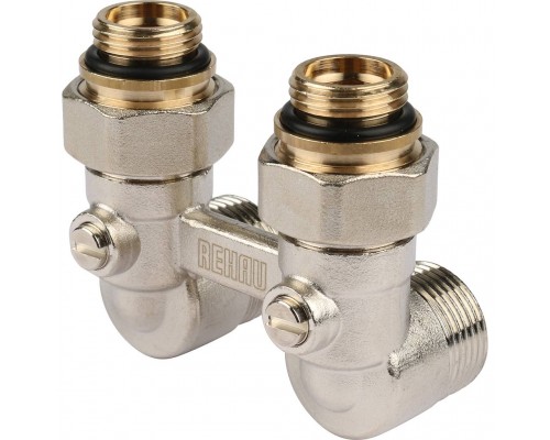 Пара шаровых кранов REHAU RAUTITAN с соед. нип. G 1/2xG 3/4, угловой (никелирован.) (12407371001)