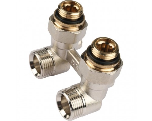 Пара шаровых кранов REHAU RAUTITAN с соед. нип. G 1/2xG 3/4, угловой (никелирован.) (12407371001)