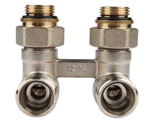 Пара шаровых кранов REHAU RAUTITAN с соед. нип. G 1/2xG 3/4, угловой (никелирован.) (12407371001)