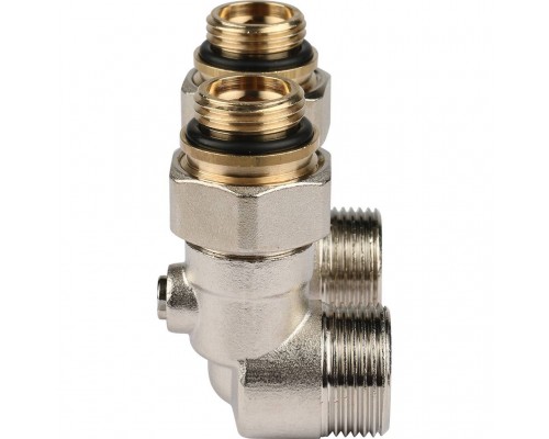 Пара шаровых кранов REHAU RAUTITAN с соед. нип. G 1/2xG 3/4, угловой (никелирован.) (12407371001)