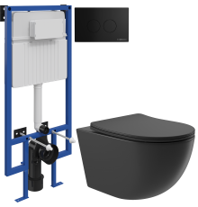 Комплект Унитаз подвесной Aqueduto Ovo OVO0140 безободковый, с микролифтом, черный матовый + Инсталляция STWORKI + Кнопка Хельсинки 500471 черная матовая