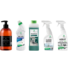 Набор Grass Очиститель для стекол Clean Glass 600 мл + Средство WC-Gel 750 мл + Средство Prograss 1 л + Антижир Azelit 600 мл + Жидкое мыло Milana Oud Rood, 300 мл
