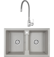 Комплект Мойка кухонная Paulmark Tandem 80/2PM238150-GR серая + Смеситель Ledeme Rainbow L4898-9 серый