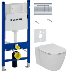 Комплект Унитаз подвесной Ideal Standard Connect AquaBlade E047901 + Крышка E772401 с микролифтом + Инсталляция Geberit Duofix Delta 458.163.21.1 с кнопкой смыва, хром + Шумоизоляция 156.050.00.1
