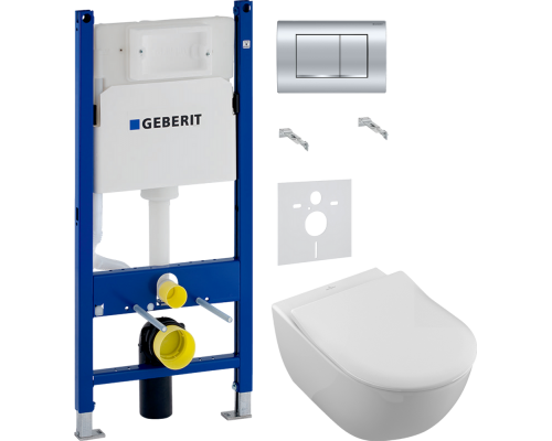 Комплект Унитаз подвесной Villeroy   Boch Subway 2.0 5614A101 + Крышка 9M78S101 с микролифтом, петли хром + Инсталляция Geberit Duofix Delta 458.163.21.1 с кнопкой смыва, хром + Шумоизоляция 156.050.00.1