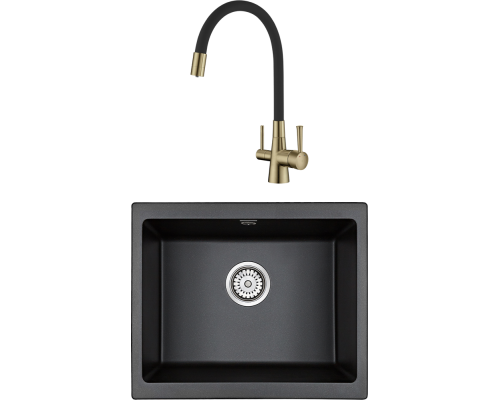 Комплект Мойка кухонная Paulmark Gera 60 PM205546-BL черный + Смеситель Lemark Comfort LM3075B с гибким изливом, бронза, черный