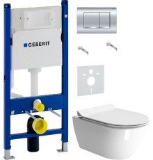 Комплект Унитаз подвесной GSI Pura 881611 безободковый + Крышка Norm MS86CSN11 с микролифтом, белая + Инсталляция Geberit Duofix Delta 458.163.21.1 с кнопкой смыва, хром + Шумоизоляция 156.050.00.1