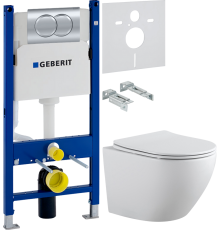 Комплект Унитаз подвесной Aquanet Cetus 2.0 W rimless + Инсталляция Geberit Duofix Delta 458.149.21.1 с кнопкой смыва, хром + Шумоизоляция 156.050.00.1