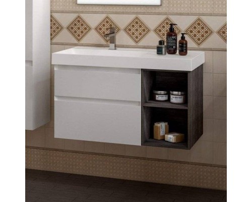 Тумба под раковину Kerama Marazzi Cubo 90, левая подвесная, с ящиками и полкой, белая матовая, древесная