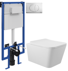 Комплект Унитаз подвесной Aqueduto Macio MAC0120 безободковый, с микролифтом, белый матовый + Инсталляция STWORKI 510162 + Кнопка 230822 хром глянцевый