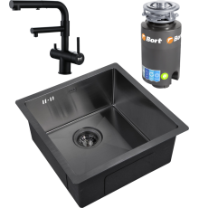 Комплект Мойка кухонная Zorg Inox PVD 4444 grafit + Смеситель Sanitary SZR-3216 Grafit графит + Измельчитель Bort Titan 4000
