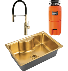 Комплект Мойка кухонная Zorg Inox PVD SZR 6545 BRONZE бронза + Смеситель Steel Hummer SH 2022 BRONZE бронза + Измельчитель Omoikiri Nagare slim 500