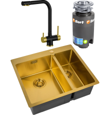 Комплект Мойка кухонная Zorg Light ZL R 590-2-510-L BRONZE L, бронза + Смеситель Sanitary ZR 348 YF BLACK BRONZE + Измельчитель Bort Titan 4000