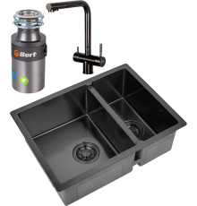 Комплект Мойка кухонная Zorg Light ZL R 590-2-510-L GRAFIT L, графит + Смеситель Sanitary SZR-3216 Grafit графит + Измельчитель Bort Titan 4000 Control