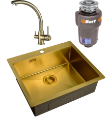 Комплект Мойка кухонная Zorg Light ZL R 590510 BRONZE + Смеситель Steel Hummer SH 699 BRONZE бронза + Измельчитель Bort Titan 5000 Control