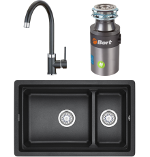 Комплект Мойка кухонная Granula Kitchen Space 7304U, черный + Смеситель 2125, черный + Измельчитель Bort Titan 4000 Plus