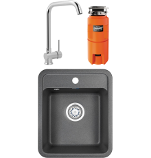 Комплект Мойка кухонная Granula Standart 4202, графит + Смеситель MEGA Didim MG-CM107 хром + Измельчитель Omoikiri Nagare slim 1250